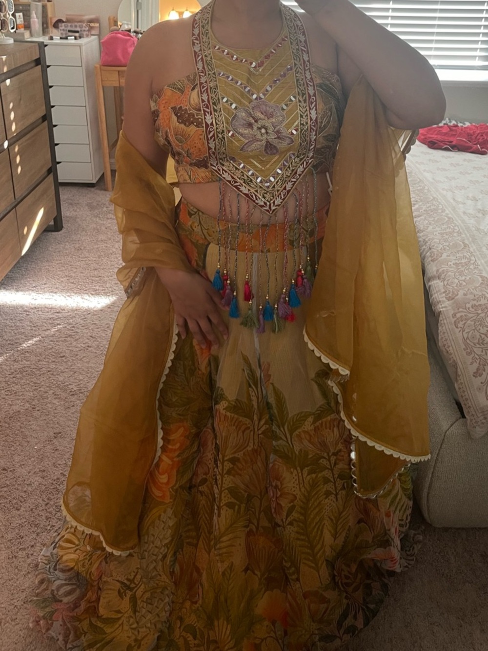 Floral Embroidered Halter Crop Top & Maxi Skirt Set in Mustard & Multicolor - Picture 5 of 6